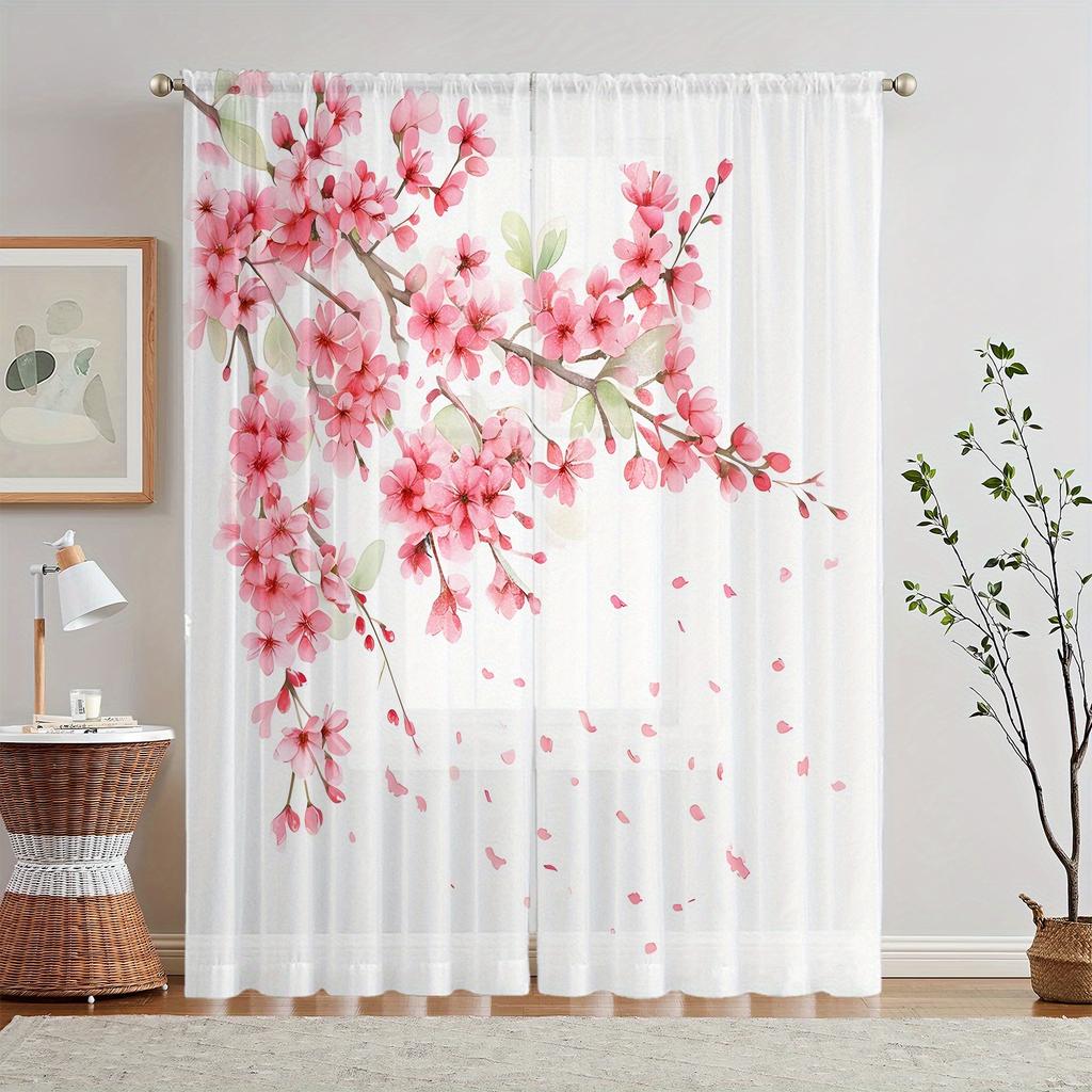 2Pc Cherry Blossom Print Curtains, Polyester Fabric, Machine Washable, Suitable For Bedroom And Living Room Decoration