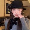 Elegant Hepburn Style Flat-top Cap Woolen Women Jazz Hat French Black Felt Hat  Wedding