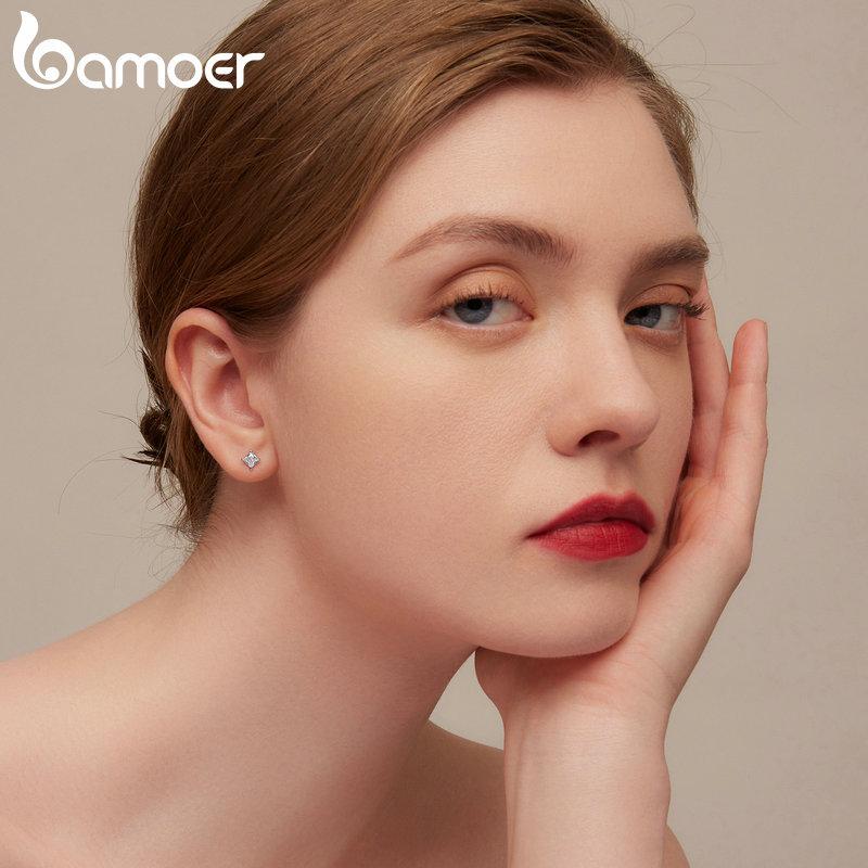 BAMOER 925 Sterling Silver Simple Square Zircon Stud Earrings for Women Trendy Shining Ear Studs Fine Jewelry Gift