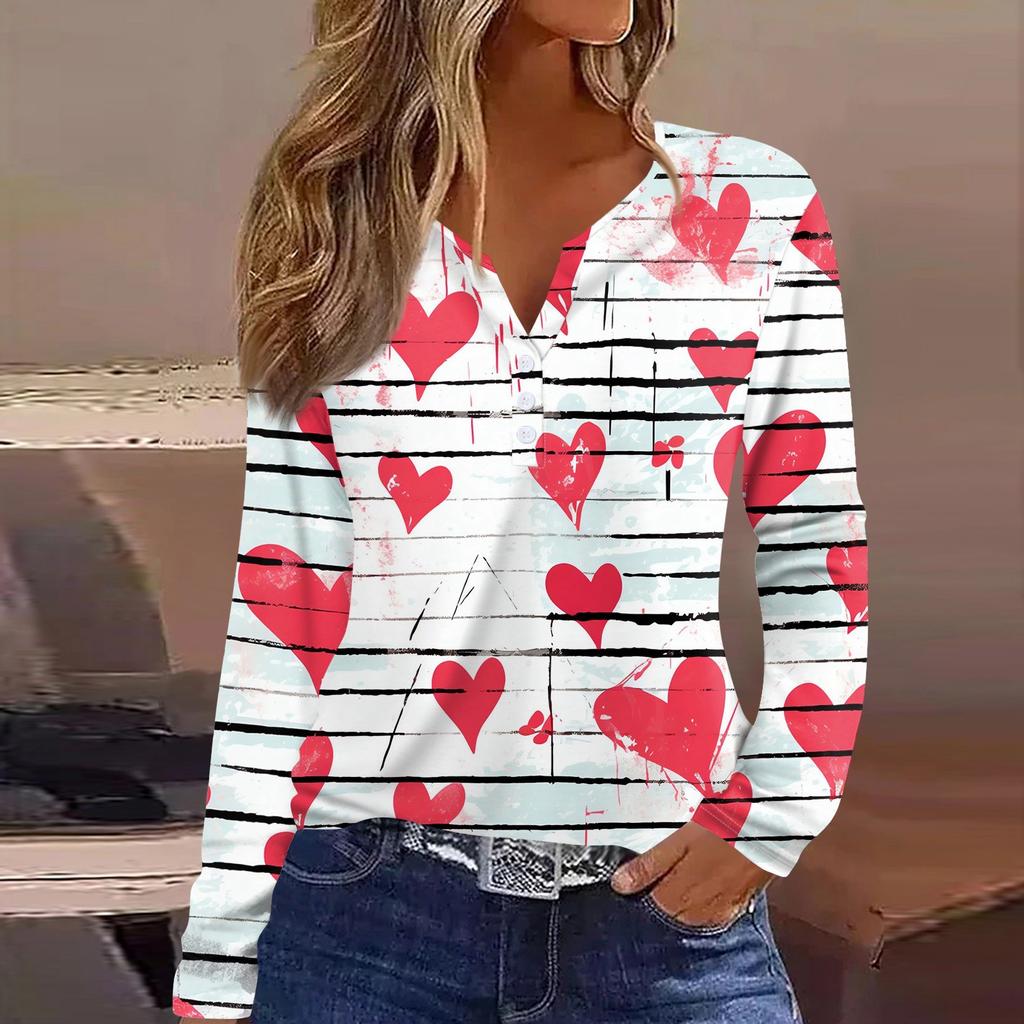 Женская футболка с принтом ко Дню святого Валентина, туника с длинным рукавом и пуговицами, повседневная мода на выходные, базовый топ с V-образным вырезом