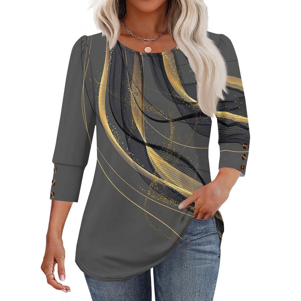 Женская модная повседневная футболка с цветными блоками, сшивная, с принтом, с круглым вырезом, с рукавами семь восьмых