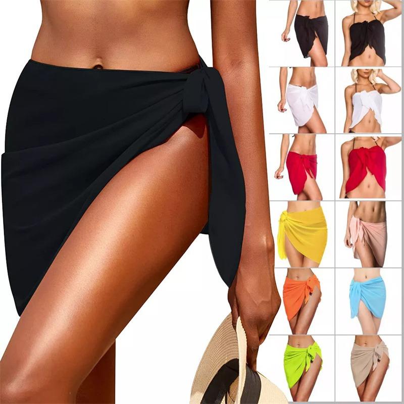 Summer Women's Short Saree Seaside Vacation Beach Party Bikini Cover-ups Solid Color Chiffon Breathable Wrap Mini Skirt