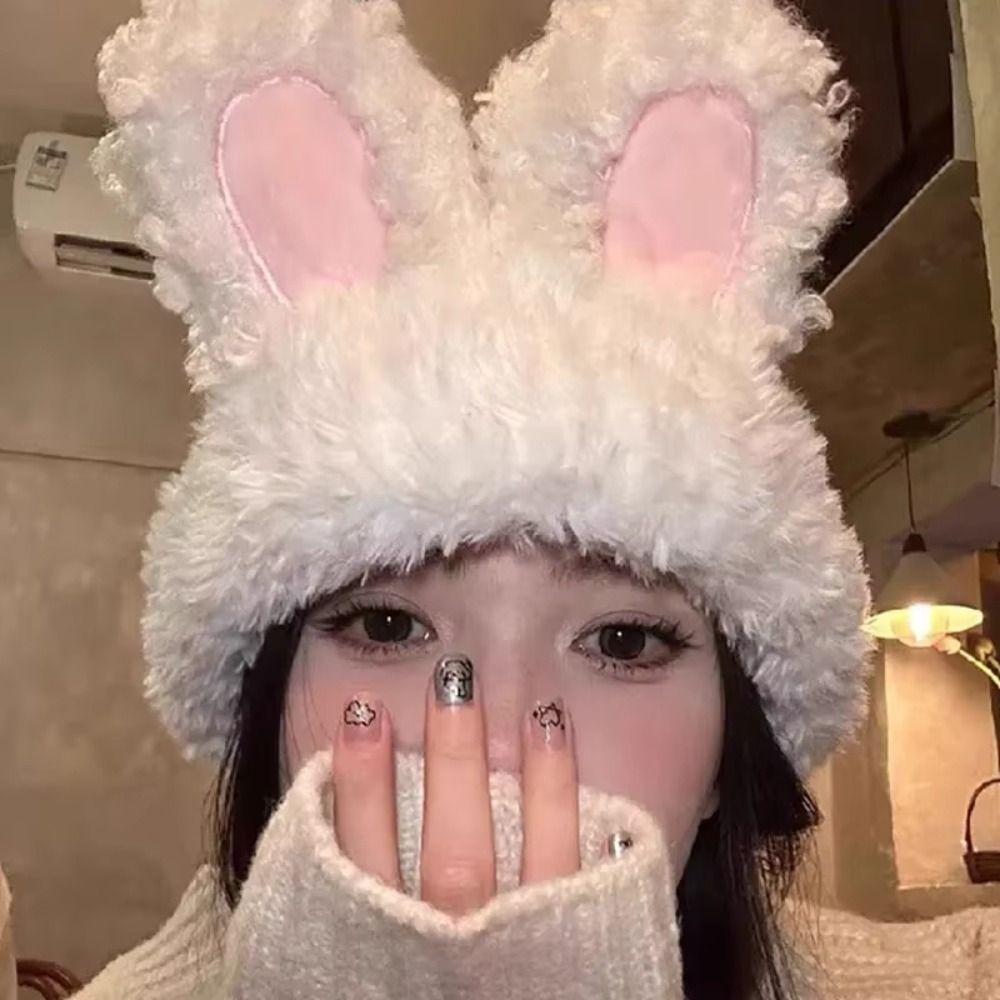 Elastic Rabbit Ear Beanies Solid Color Winter Outdoor Warm Cap Knitted Plush Hat Autumn Winter