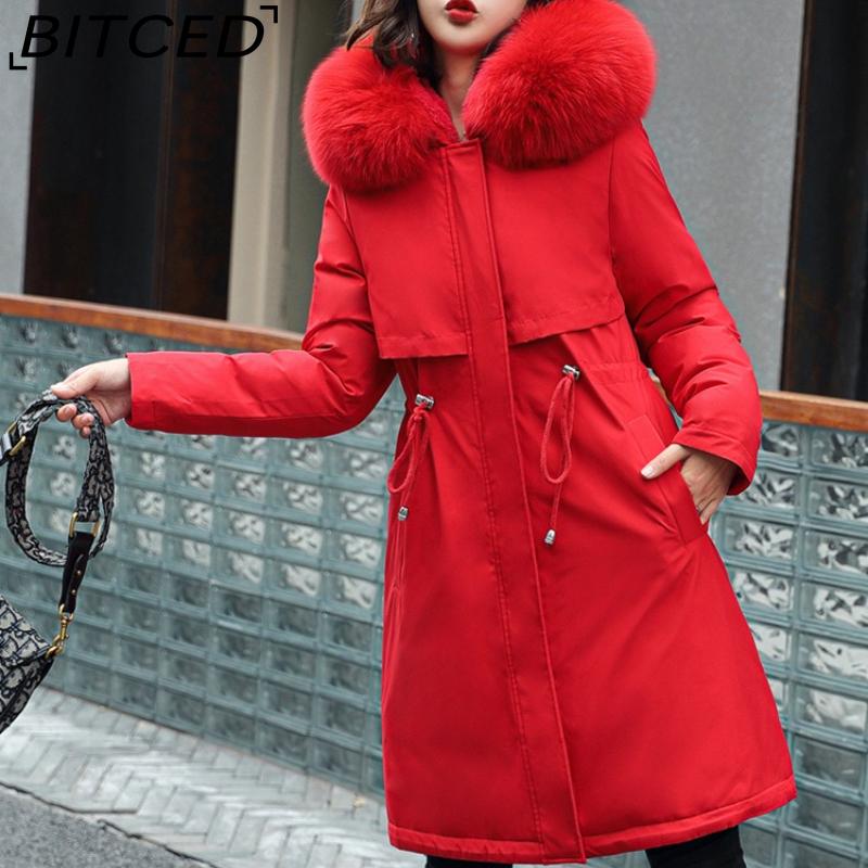 BITCED Winter Women's Mid-Length Cotton Coat with Large Fur Collar and Fleece Lining
