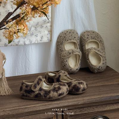 XSHX леопардовый шерстяной | Туфли Мэри Джейн для девочек осенне-зимние бархатные теплые на липучке противоскользящая функция тонкая подошва