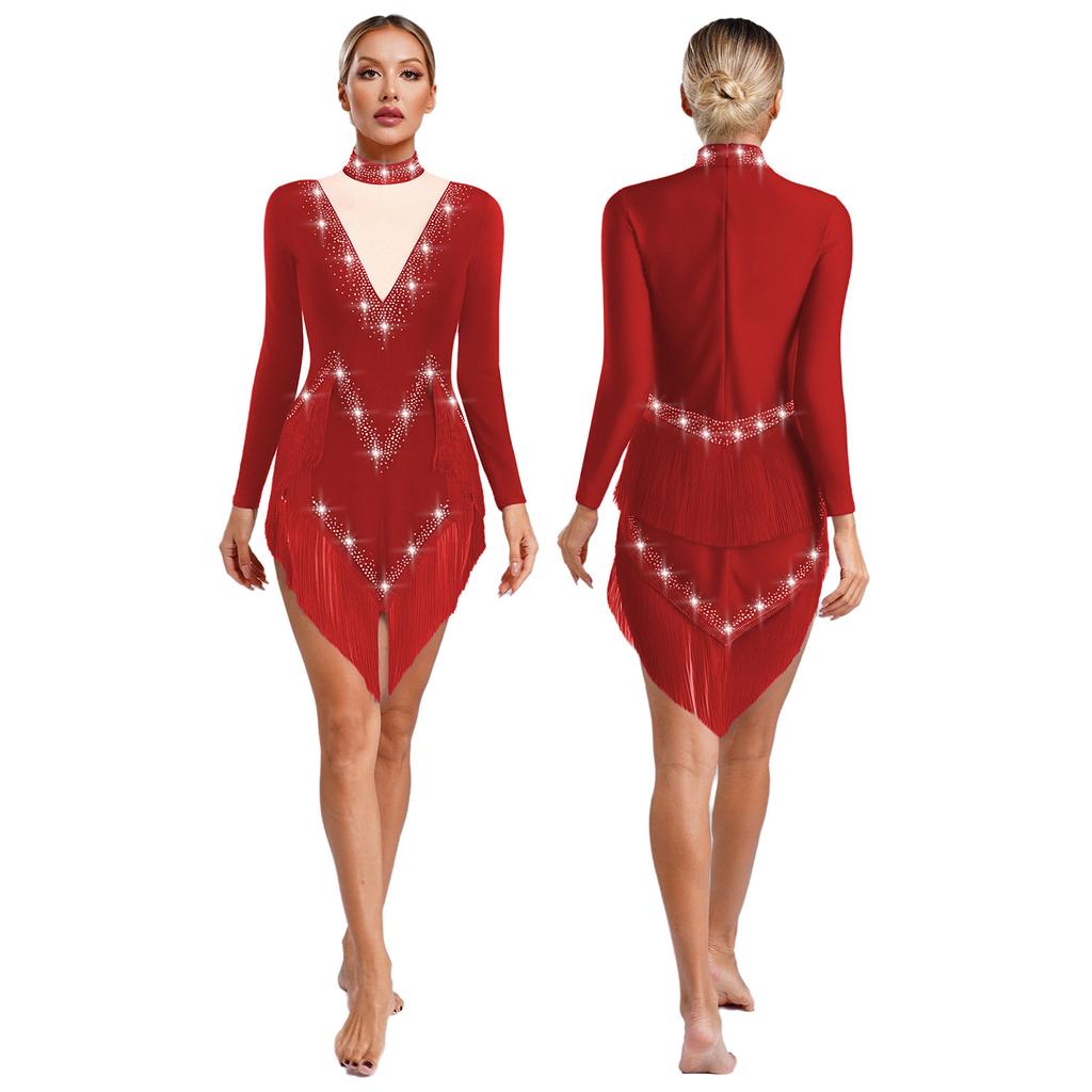 Women's Latin Dance Dress S-XXL - Shiny Rhinestones Mock Neck Long Sleeve with Tassels & Irregular Hem Stage Costume