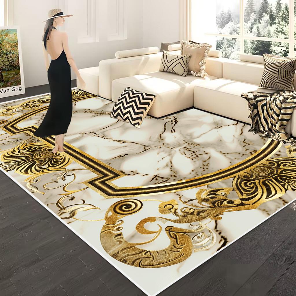 Европейская роскошь Большой ковер для гостиной Роскошное украшение в твердом переплете Золотой ковер для гостиной Зона дивана Моющийся коврик для журнальных столиков