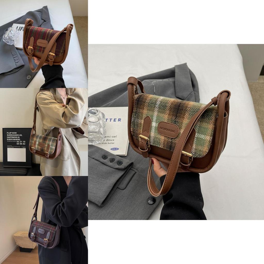 Fashionable Street Style 2024 Winter Plaid Shoulder Bag For Daily Outfits In Green Plaid Brown