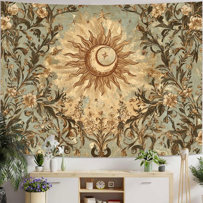 VIKAMA Sun And Moon Bohemian Tapestry Retro Mystical Floral Wall Hanging Home Art Decor For Living Room Bedroom