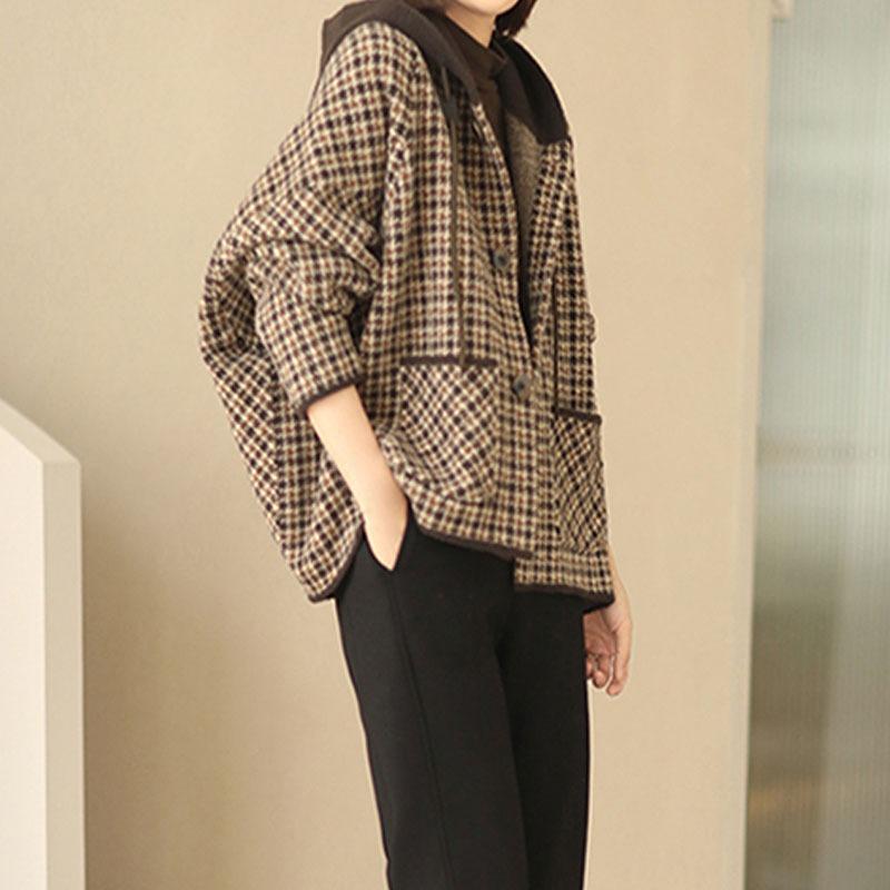 Ladies Spring Autumn Thickened Houndstooth Retro Loose Hooded Plaid Woolen Knitted Cardigan