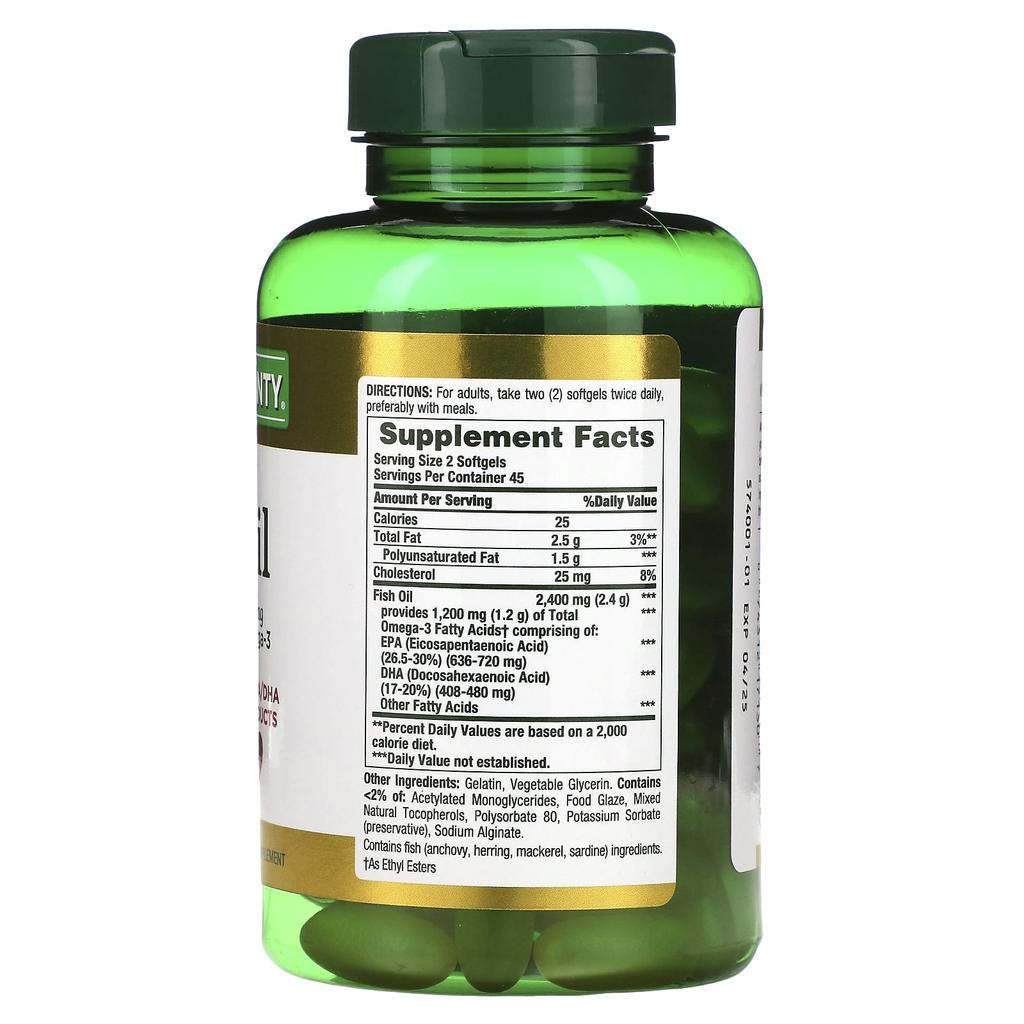 Nature's Bounty Unscented Fish Oil, 2,400 Mg, 90 Coated Softgels (1,200 Mg Per Softgel)