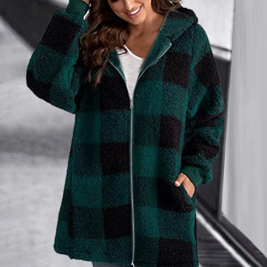Женское пальто, клетчатая молния с капюшоном, свободные карманы, куртка-кардиган, осень-зима, толстое плюшевое пальто, уличная одежда