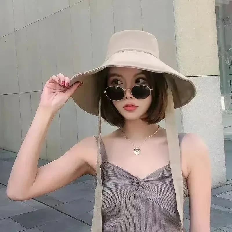New Summer Spring Japanese Tie Bucket Hat Women'S Korean-Style Big Eave Fisherman Foldable Uv Cotton Linen Beach Strap Sun Hat