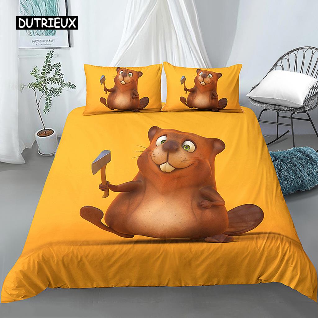Мультяшный бобер Пододеяльник Размер King Size Queen Size Забавное Милое Животное Постельное Белье Коллекция Дети Девочки Дикая Природа Прочный Полиэстер Пододеяльник