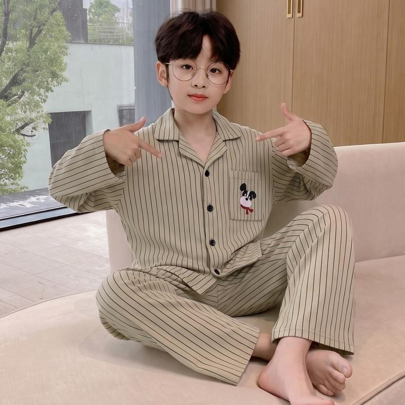 Boys Long Sleeve Cotton Pajamas Set Cartoon Print Soft Sleepwear Kids Teens Home Wear Fall