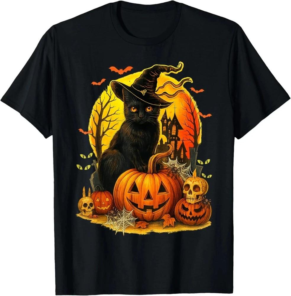 Retro Halloween Black Cat Witch and Pumpkin Unisex T-Shirt S-5XL