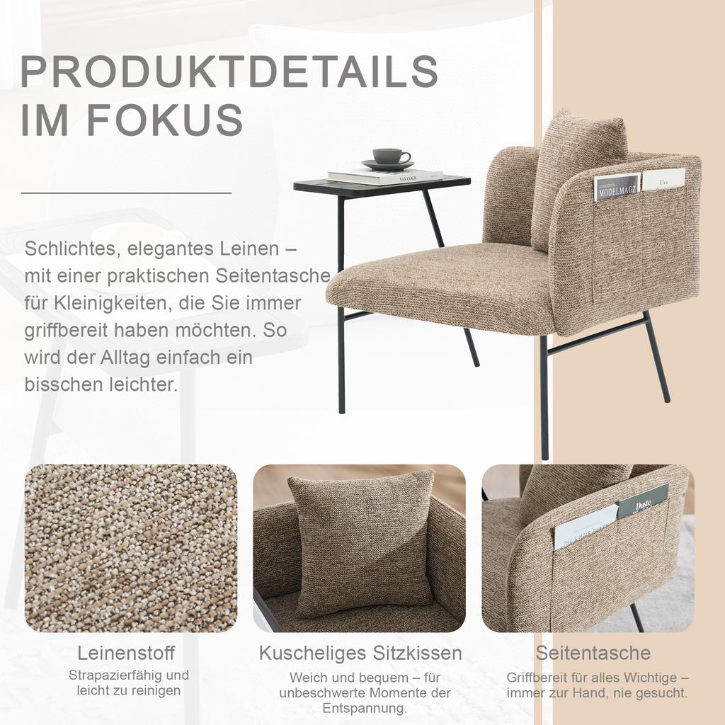 Modern single armchair with comfortable fabric backrest and two storage compartments, complemented by a practical side table.