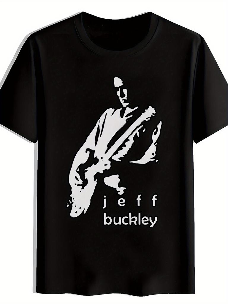 Black T-shirt with Jeff Buckley Guitar Print - Retro Rock Band Design