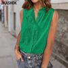 Женские модные повседневные летние весенние однотонные блузки и рубашки без рукавов с v-образным вырезом и принтом
