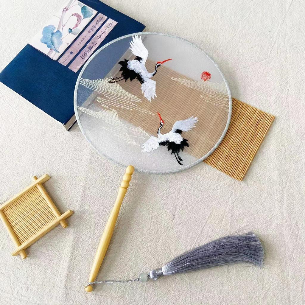Embroidery Round Fan Classical Long Handle Group Fan Dance Fans Photography Props Home Decor