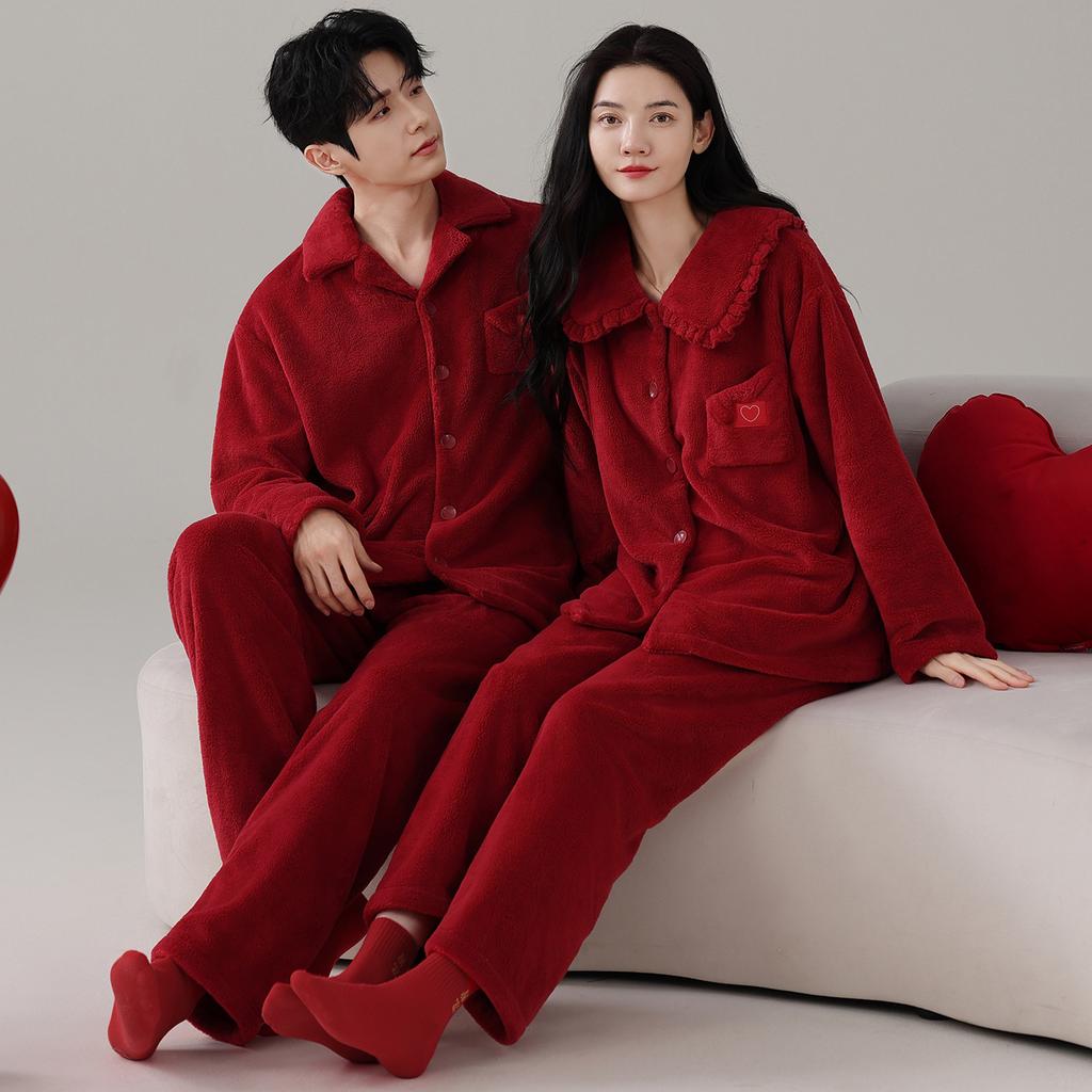 Красная свадебная пижама из кораллового флиса, костюм для пары молодоженов, осенне-зимняя утолщенная фланелевая пижама, новогодняя домашняя одежда для мужчин и женщин