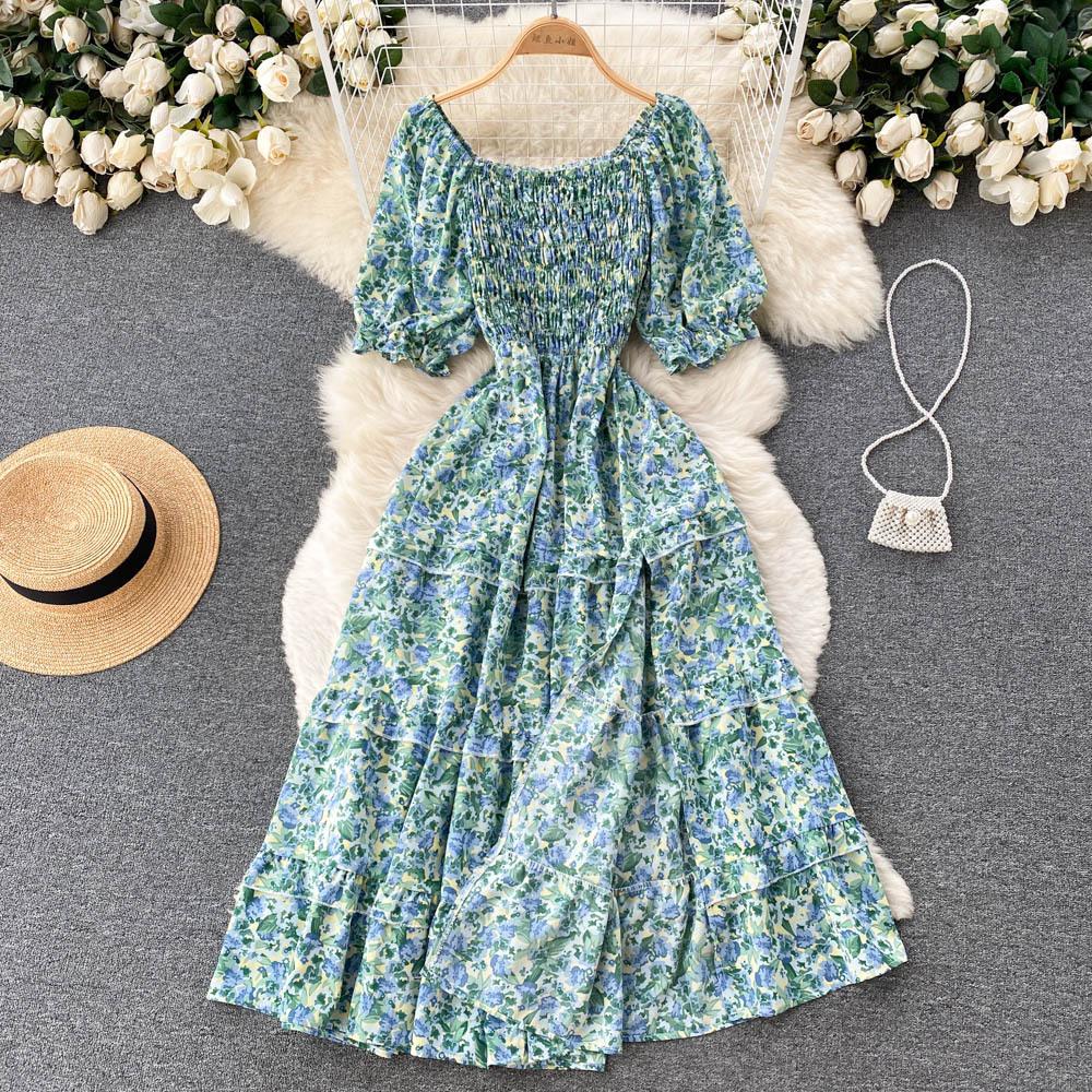 Women's Chic Sweet Slim Square Neck Bubble Sleeve Floral Dress Super Fairy Temperament A-line Dress