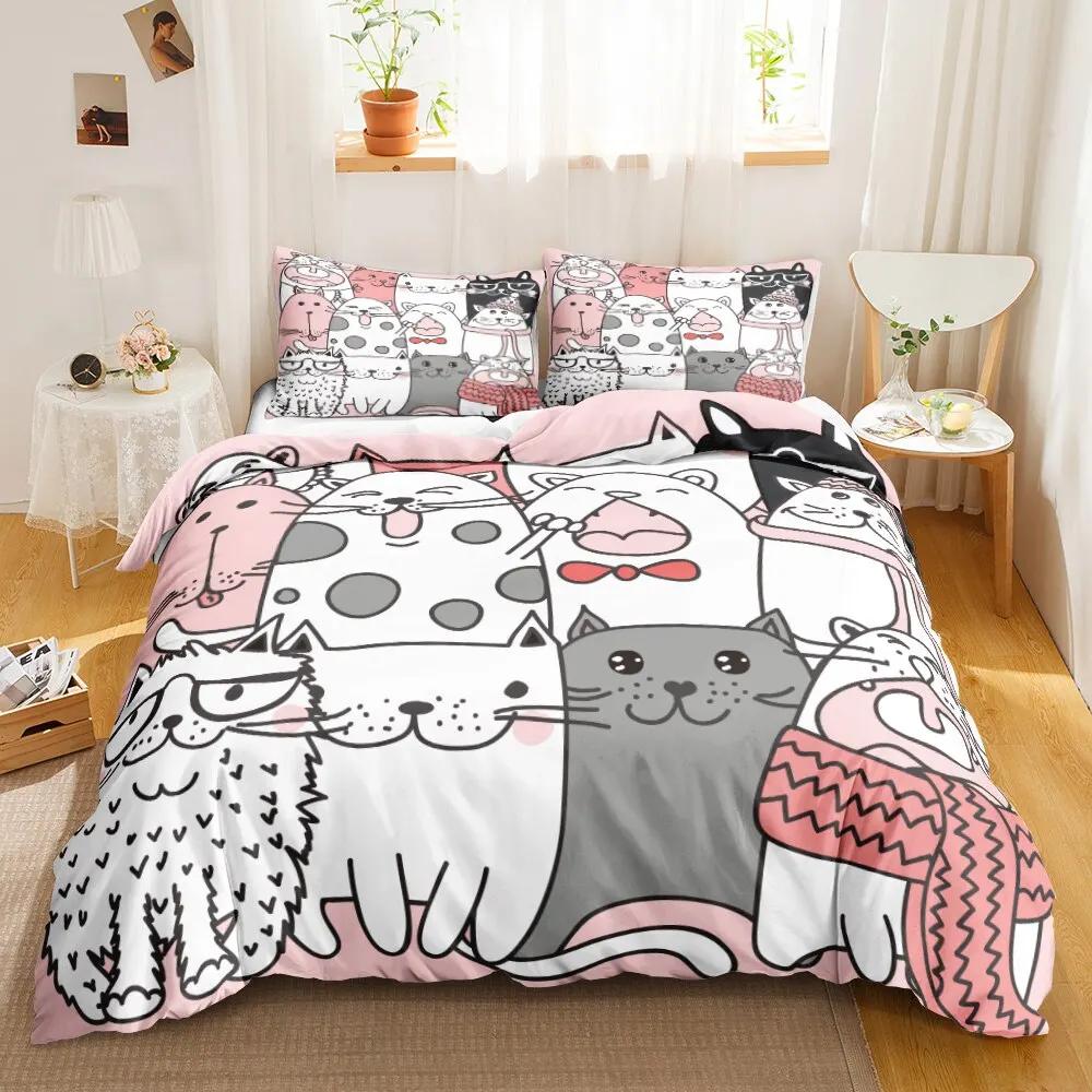 Cat Duvet Cover Set Digital Different Color Cartoon Cute Cat Bedding Set Bedclothes Double Queen King Size Polyester Qulit Cover