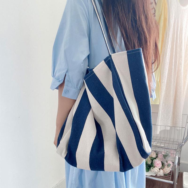 Вместительная холщовая сумка с ручкой сверху, женская летняя полосатая простая повседневная дамская сумочка, уличная сумка через плечо