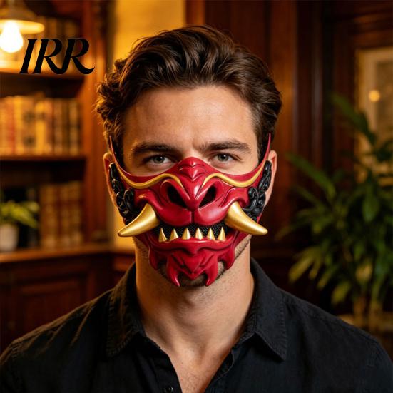 Stage Performance Halloween Props Japanese Hannya Red Half Mask, Wolf Teeth & Embossed Cloud Details, Breathable Lightweight Detailed Relief