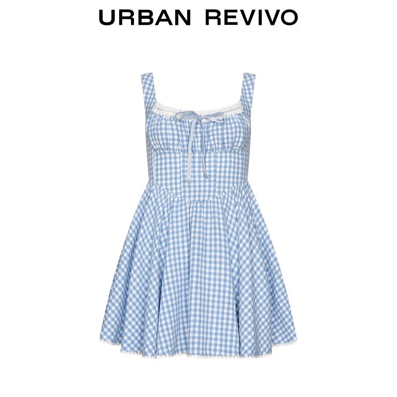 Летнее мини-платье UR 2025 с кружевом, клеткой гингем и сборками