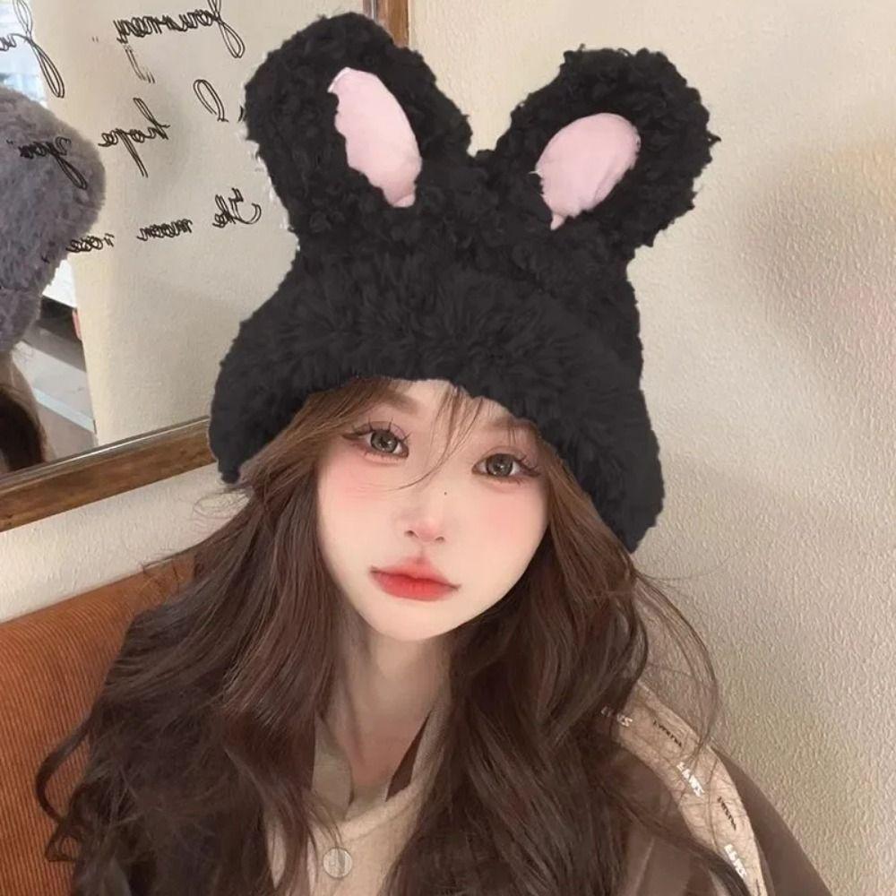 Elastic Rabbit Ear Beanies Solid Color Winter Outdoor Warm Cap Knitted Plush Hat Autumn Winter