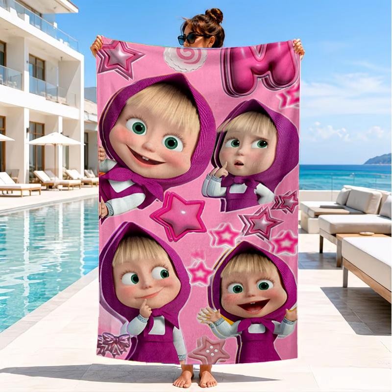 Heart-themed Ma-sha Illustration. Beach Towel, Super Soft Microfiber, Perfect Gift for Her/Him, Birthday, for Pool, Beach, Travel, Decor Beach Party