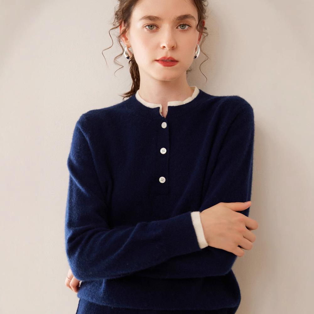Women's Color Block Cashmere Sweater - Round Neck, Buttoned, Loose Fit, Long Sleeve Contrasting Knit for Autumn/Winter.