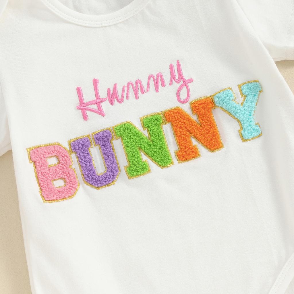 Baby Girls Easter Shorts Sets Short Sleeve Letter Embroidery Romper Tops Ruffle PP Shorts Headband Sets