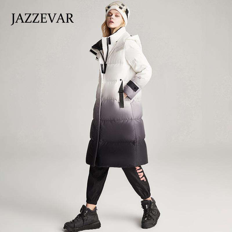 JAZZEVAR Женский длинный утолщенный пуховик, зимнее новое свободное контрастное пальто с капюшоном