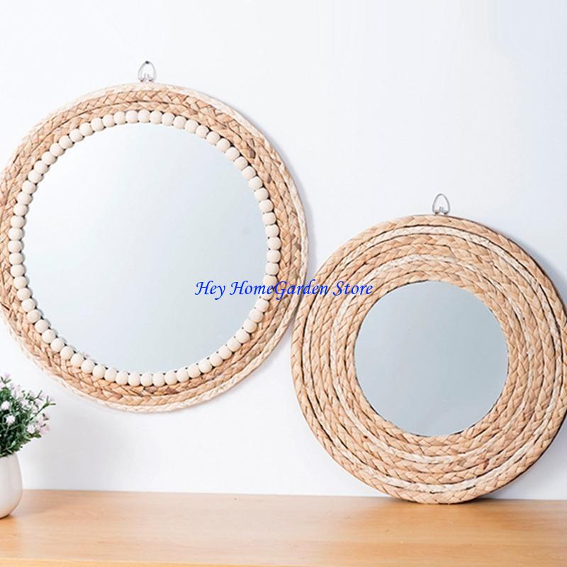 652F Rattan Round Wall Hanging Mirror Bohemian Macrame Wooden Bead Circle Tapestry