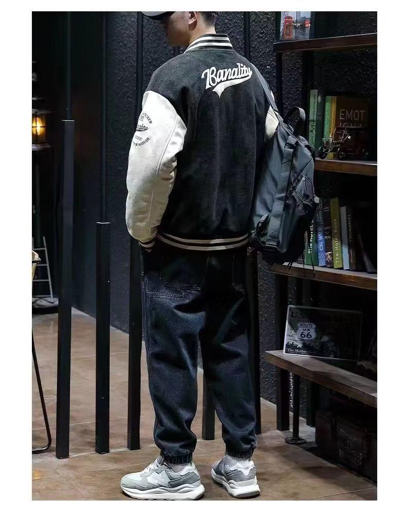 Мужская замшевая вышитая куртка-бомбер в стиле ретро - Весна/Осень