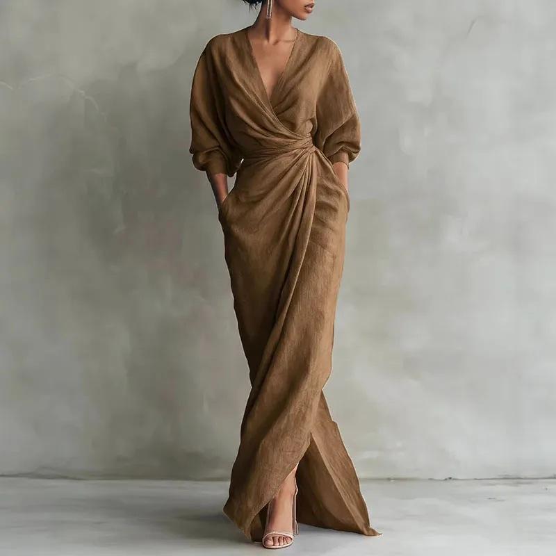 Women S V Neck Solid Color Waist Tied Long Dress Casual Home Wear