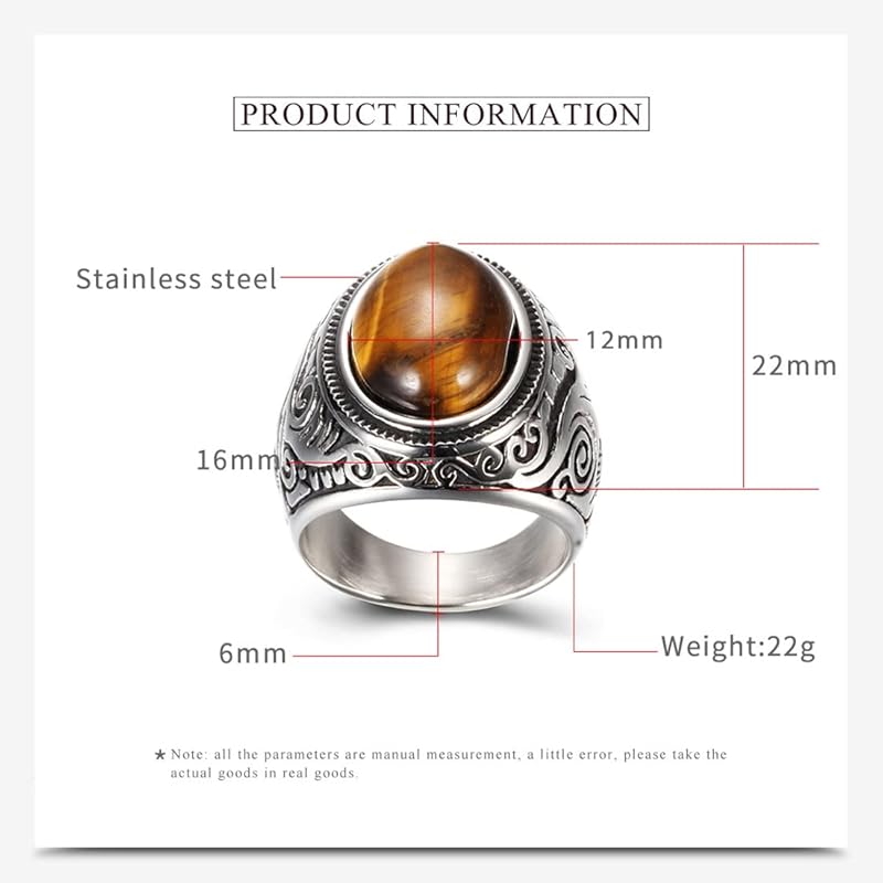 [Rockyu] ring men's brand pattern large grains onyx ellipse signet ring initial titanium party friend gift antique style accessories