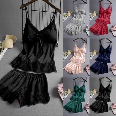 Женщины V-образным вырезом ресницы шелковые кружева сексуальные пятна камзол пижамы бантом шорты набор