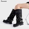 Autumn Winter Vintage Rivet Belt Buckle Women Punk Motorcycle Boots Square Heeled Knee-high Knight Tube Long Booties