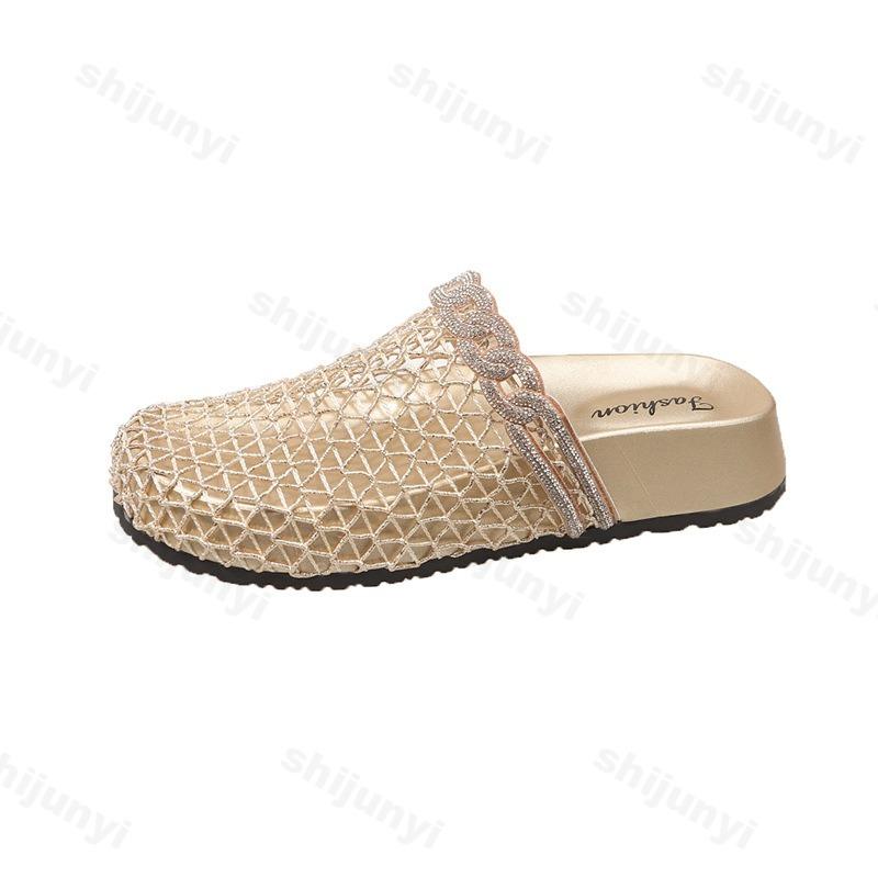 Модные летние женские шлепанцы, плоские, дышащие, с круглым носком, со стразами, женские мюли, сетчатые, модные, для улицы, пляжная обувь, Zapatillas De Mujer