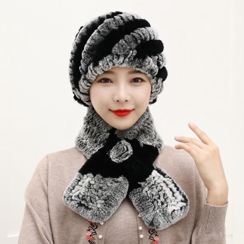 Winter Knitted Natural Fur Hats Scarves Sets Women Warm Real Rex Rabbit Fur Hat Scarf Lady Fashion Thick Rex Rabbit Fur Hat