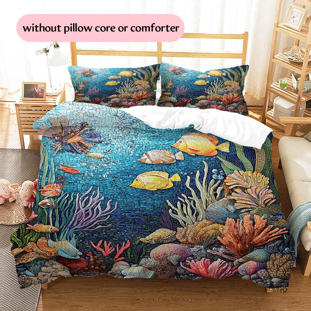 Ocean Fish Pattern Bedding Quilt Set Home Decoration Gift (1 * duvet cover + 2 * pillowcase without core)