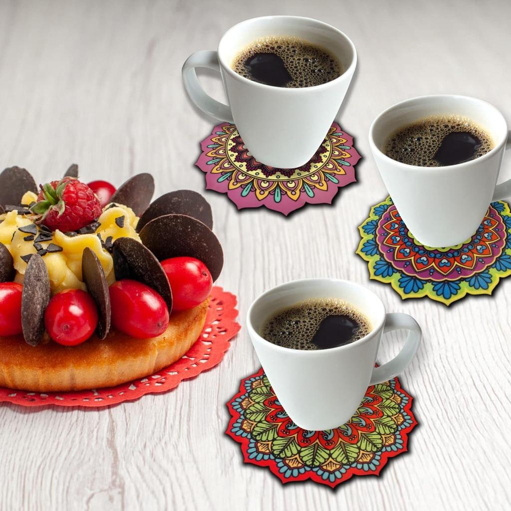 Набор из 6 сосновых подставок с мандалой диаметром 4 дюйма, уникальный дизайн ручной работы в форме цветка диаметром 10 см