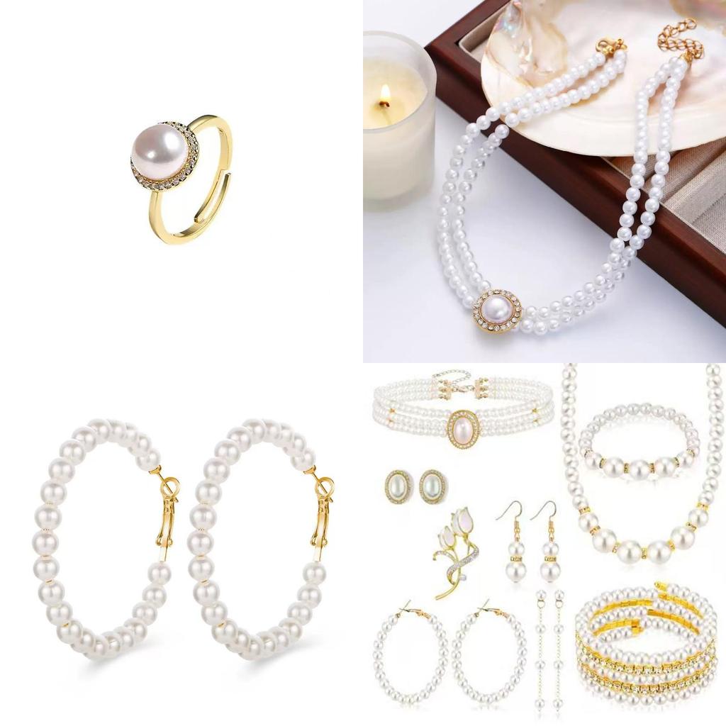 Vintage Chic Artificial Pearl Necklace And Earrings Set For Party Wear With Geometric Design