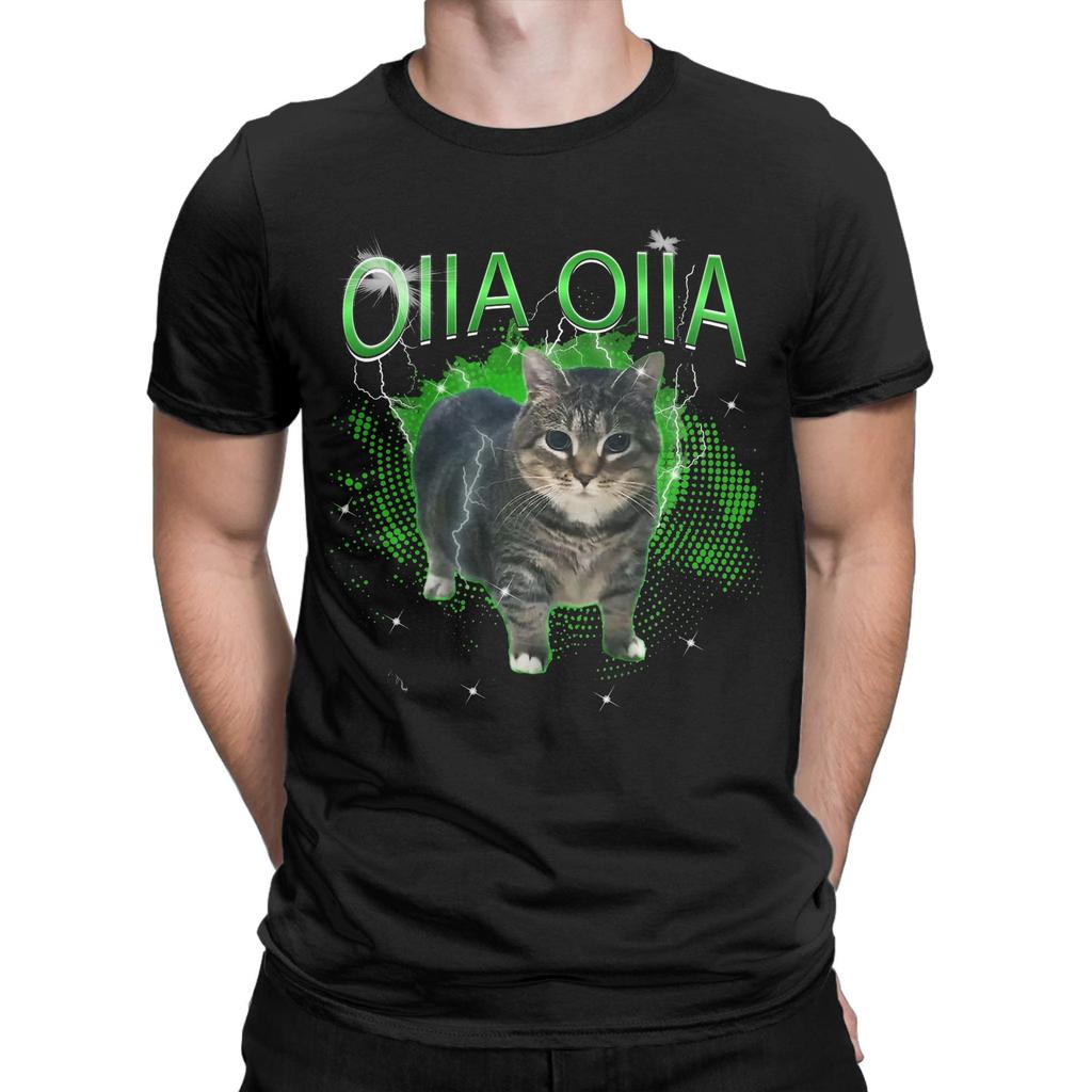 Крутящийся кот OIIA OIIA Электрический мем-кот OIIAA Футболки для мужчин Футболки из чистого хлопка Футболки с круглым вырезом Топы с коротким рукавом Подарок на день рождения