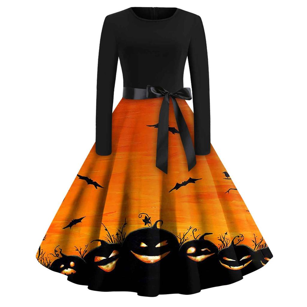 Women's Fashion Round Neck Casual Slim Fit Halloween Printed Long Sleeve Dress