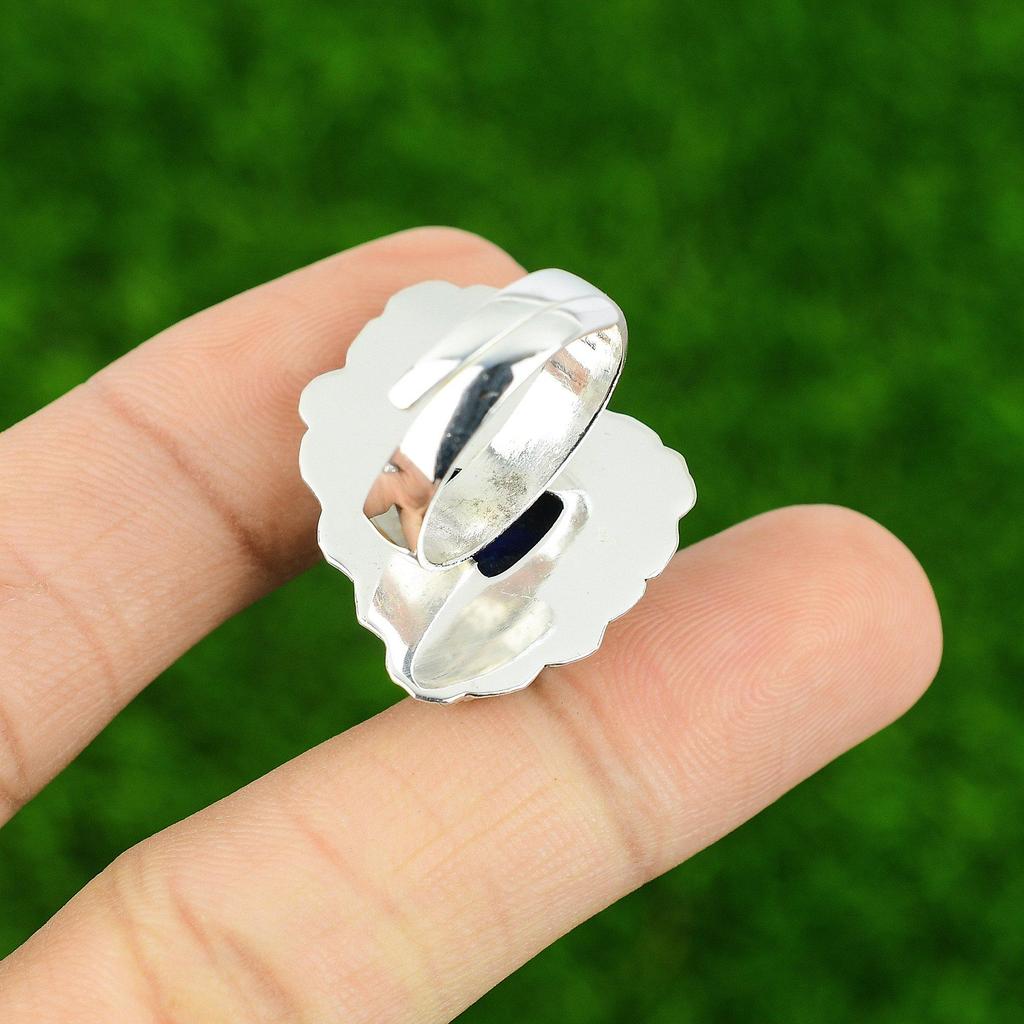 Sterling Silver Natural Lapis Lazuli Wedding Daughter Boho Flower Solitaire Ring