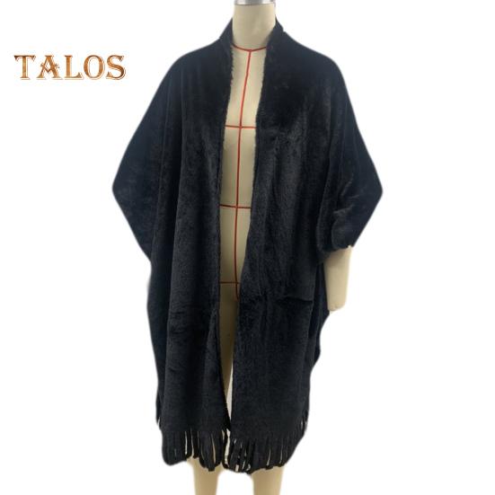 Winter Fall Women Jacket Thick Fleece Fringe Tassel Hem Long Bat Sleeves Open Stitch Cardigan Knitted Fuzzy Mid Length Coat Outdoor Daily Wear Shawl